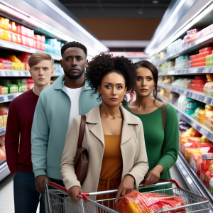 Stressed out Canadians in grocery store